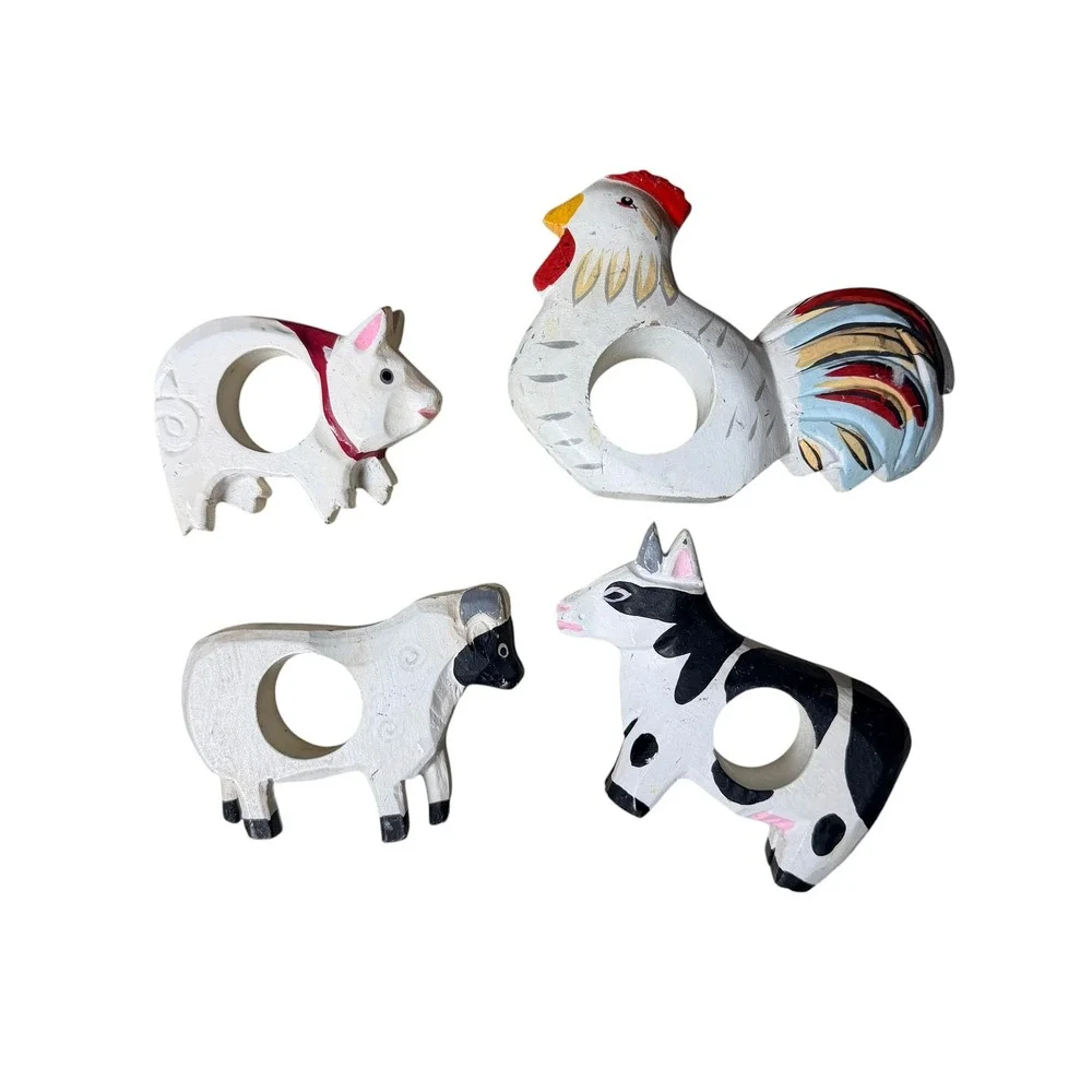 Vintage Farmhouse Hand Painted Wooden Napkin Ring Set of 4 Rooster Cow Pig Sheep